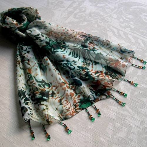 Foulard décoré de perles, écharpe légère, accessoires femme, blanc, vert et marron, motif abstrait, 225