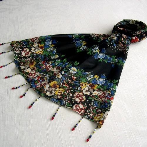 Foulard décoré de perles, écharpe légère,accessoires femme, noir et multicolore, motif  fleuri ,067