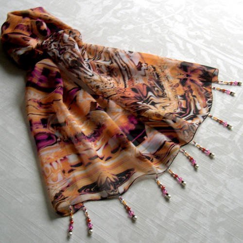 Foulard décoré de perles, écharpe légère, accessoires femme, marron, orange et rose, motif abstrait, 219