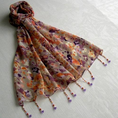 Foulard décoré de perles, écharpe légère, accessoires femme, beige, violet et orange, motif abstrait, 056