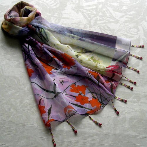 Foulard décoré de perles, écharpe légère,accessoires femme, jaune, violet et rouge, motif fleuri, 213
