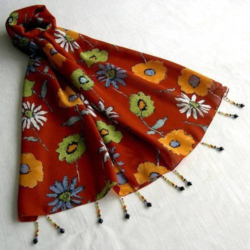 Foulard décoré de perles, écharpe légère, accessoires femme, orange, jaune et vert, motif fleurs, 258