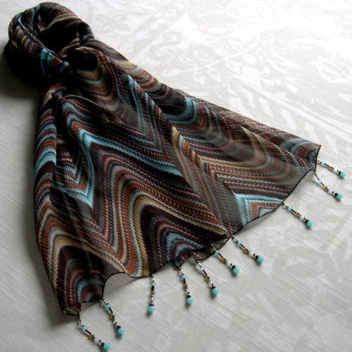Foulard décoré de perles, écharpe légère, accessoires femme, marron, bleu, beige, motif abstrait, 220
