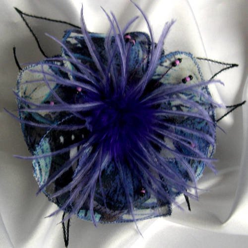 Barette fleur en tissu, organza, plumes et perles, accessoires coiffure, bleu et noir, 215