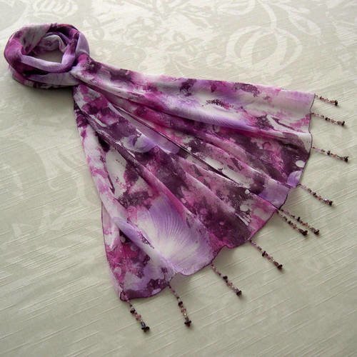 Foulard décoré de perles, écharpe légère,accessoires femme, violet et prune, motif abstrait, 061