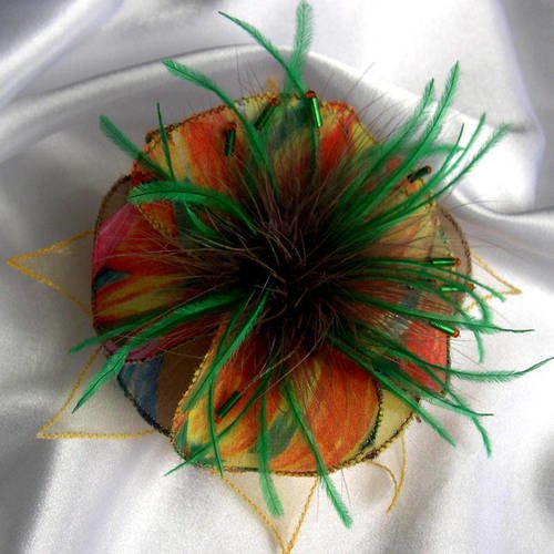 Broche fleur en tissu, organza, fleur plumes et perles, accessoires femme, vert, jaune, 216