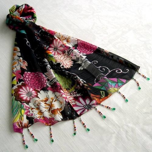 Foulard décoré de perles, écharpe légère, accessoires femme, noir et multicolore, motif fleuri, 113