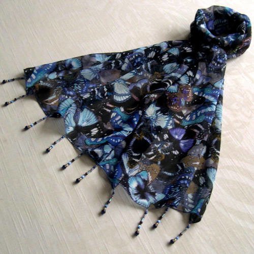 Foulard décoré de perles, écharpe légère, accessoires femme, marron et bleu, motif papillons,  215