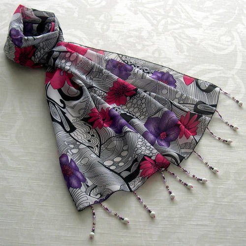 Foulard décoré de perles, écharpe légère, accessoires femme, blanc, violet, rose, noir, motif fleurs, 060