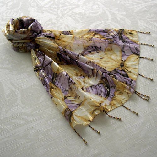 Foulard décoré de perles, écharpe légère, accessoires femme, jaune et violet, motif  papillons, 058