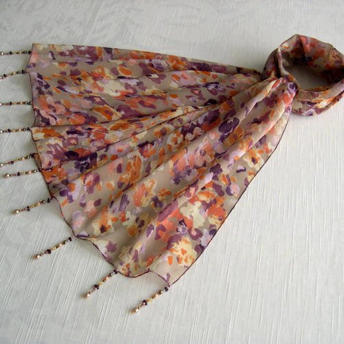 Foulard décoré de perles, écharpe légère, accessoires femme, beige, violet et orange, motif abstrait, 056