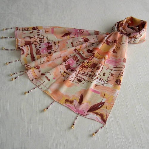 Foulard décoré de perles, écharpe légère, accessoires femme, rose, marron et orange, motif paysager, 036