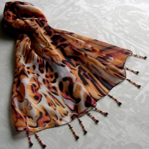 Foulard décoré de perles, écharpe légère, accessoires femme, orange, marron et rose, motif abstrait, 219