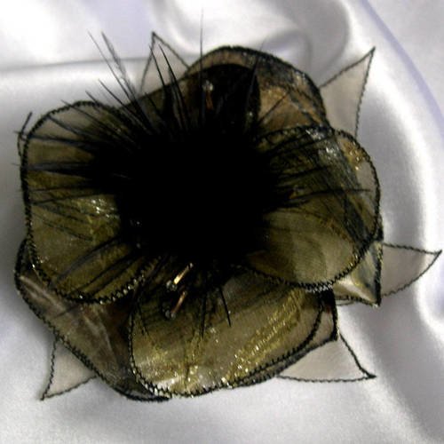 Barette fleur en tissu, organza, plumes et perles, accessoires coiffure, verte kaki et noire, 211
