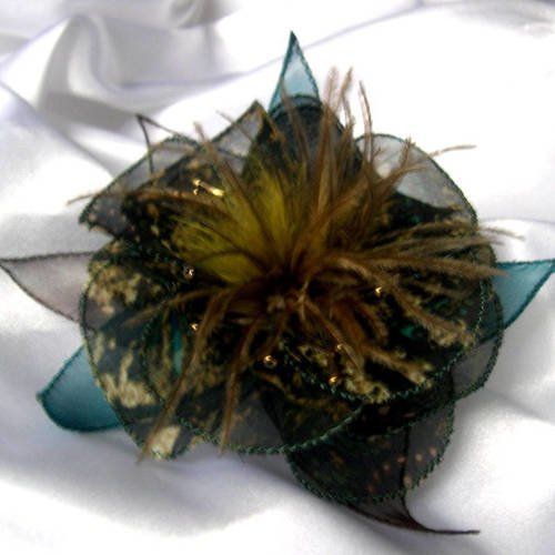 Broche fleur en tissu, organza, plumes et perles, accessoires femme, marron, bleu et vert, 218
