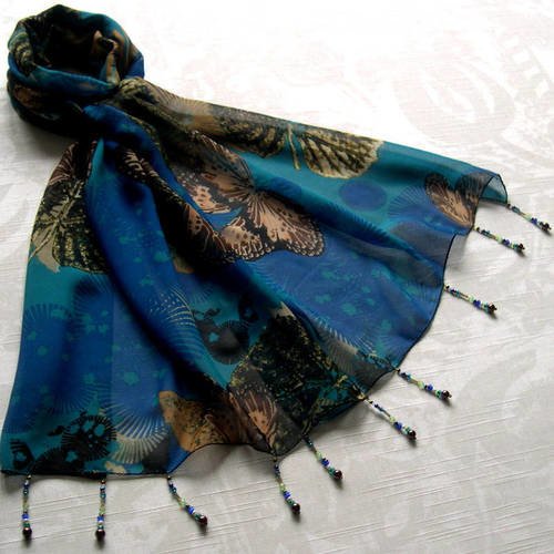 Foulard décoré de perles, écharpe légère, accessoires femme, bleu et marron, motif papillons, 218