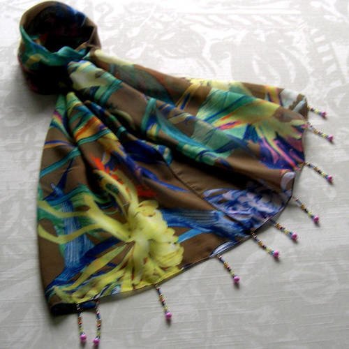 Foulard décoré de perles, écharpe légère, accessoires femme, beige et multicolore, motif fleurs 216