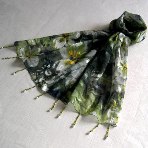 Foulard décoré de perles, écharpe légère, accessoires femme, vert, gris et jaune, motif fleuri, 210