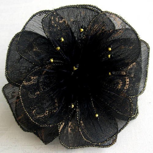 Barrette fleur noir doré en tissu, plumes et perles, accessoires coiffure, fête, ceremonie