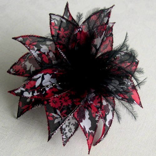 Barette fleur en tissu, plumes et perles, accessoires coiffure, rouge, noire et blanc, 030