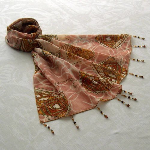 Foulard décoré de perles, écharpe légère, accessoires femme, saumon, marron et vert, motif abstrait, 049