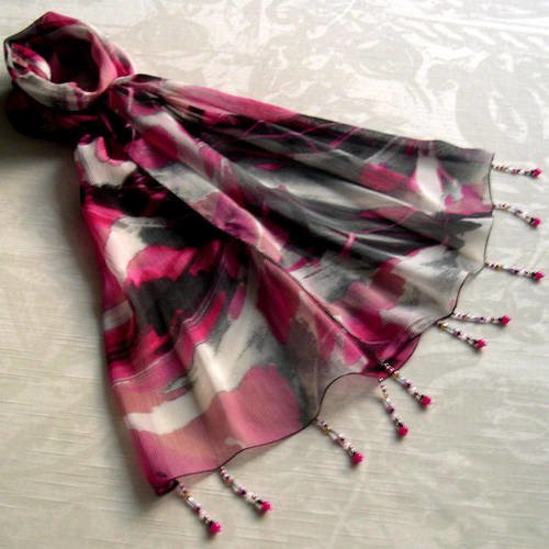 Foulard décoré de perles, écharpe légère, accessoires femme, rose, gris et blanc, motif abstrait 206