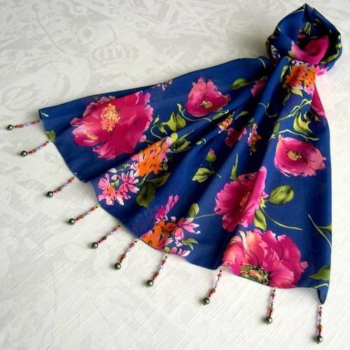 Foulard décoré de perles, écharpe légère, accessoires femme, bleu, rose, vert, orange, motif fleurs, 063