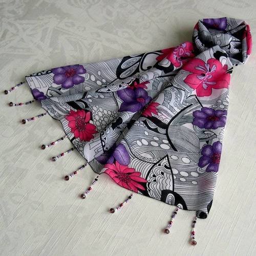 Foulard décoré de perles, écharpe légère, accessoires femme, blanc, violet, rose et noir, motif fleurs 060