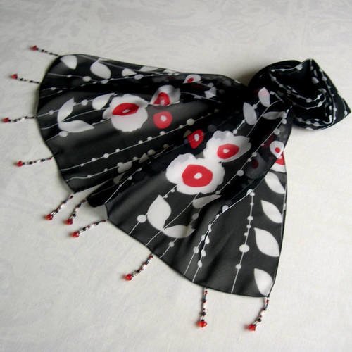 Foulard décoré de perles, écharpe légère, accessoires femme, noir, blanc et rouge, motif fleurs, 019