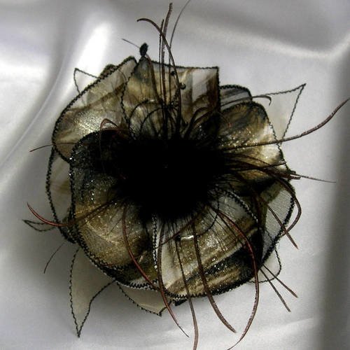 Broche fleur en tissu, organza, plumes et perles, accessoires femme, kaki et noir, 211