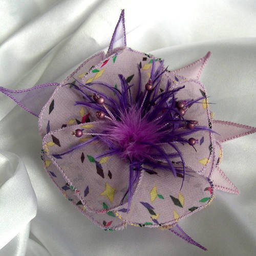 Broche fleur en tissu,organza, plumes et perles, accessoires femme, mauve, multicolore, 180