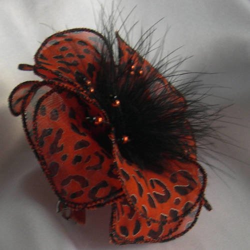 Barette fleur en tissu, plumes et perles, accessoires coiffure, orange et noire, 207
