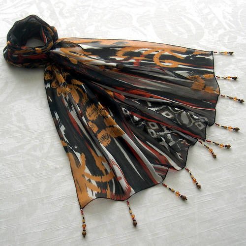 Foulard décoré de perles, écharpe légère, accessoires femme, jaune, noir, rouge et blanc, motif abstrait, 037