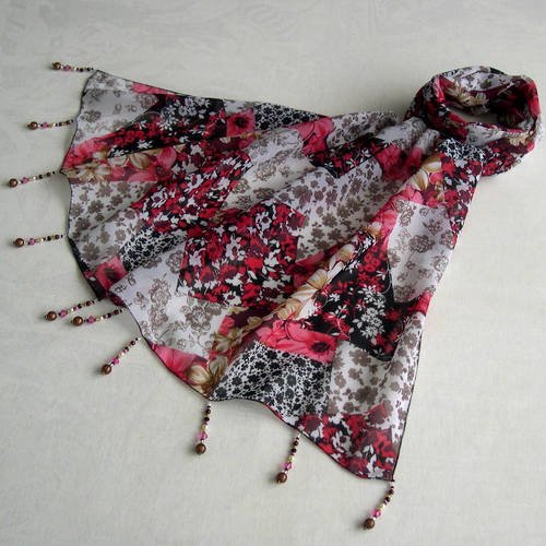 Foulard décoré de perles, écharpe légère, accessoires femme, rose, noir et beige, motif fleuri, 030