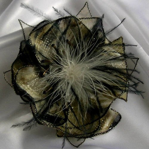 Broche fleur en tissu, organza, plumes et perles, accessoires femme, vert et noir, 211