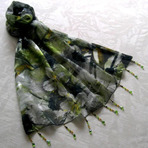 Foulard décoré de perles, écharpe légère, accessoires femme, vert, gris et jaune, motif fleuri 210