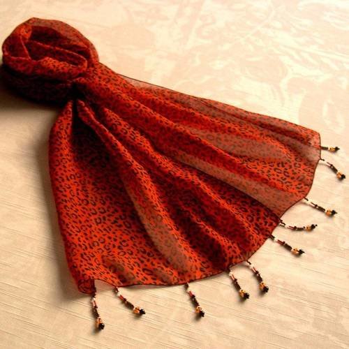 Foulard décoré de perles, écharpe légère, accessoires femme, orange et noir, motif léopard, 207