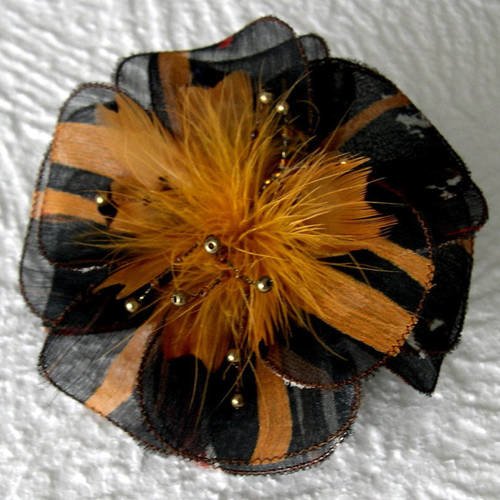 Broche fleur en tissu,  plumes et perles, accessoires femme, marron, noir et jaune, 037