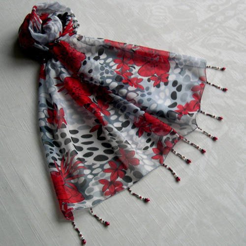 Foulard décoré de perles, écharpe légère, accessoires femme, blanc, gris et rouge, motif fleuri,  203