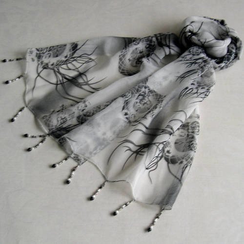 Foulard décoré de perles, écharpe légère, accessoires femme, blanc, gris et noir, motif abstrait, 200