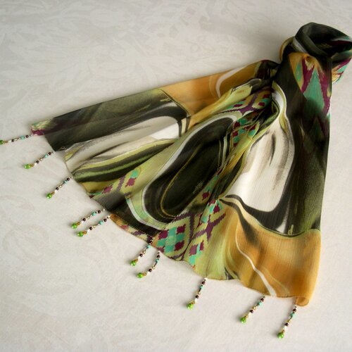 Foulard décoré de perles, écharpe légère, accessoires femme, cadeau, vert kaki, prune, noir et marron, motif abstrait, 265