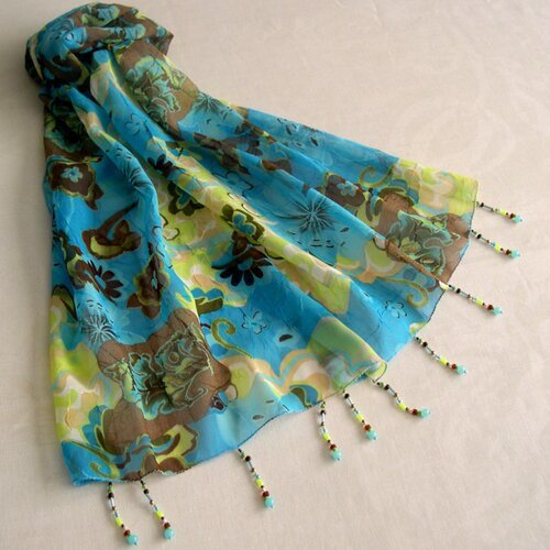 Foulard décoré de perles, écharpe légère, accessoires femme, cadeau, bleu, vert et  marron, motif fleuri, 266