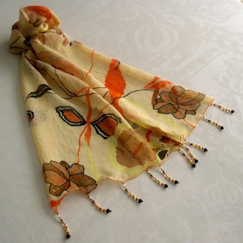 Foulard décoré de perles, écharpe légère, accessoires femme, cadeau, beige, noir, orange, motif abstrait 268