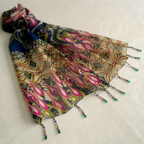 Foulard décoré de perles, écharpe légère, accessoires femme, cadeau, foulard multicolore, motif abstrait, 270