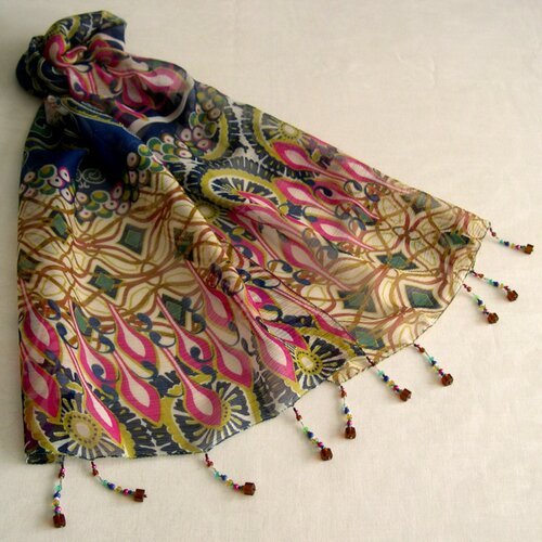 Foulard décoré de perles, écharpe légère,accessoires femme, cadeau, multicolore, motif abstrait, 270