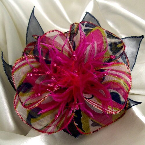 Barrette fleur en tissu, organza, plumes et perles, personnalisée, accessoires femme,  mariage, cadeau, bleu et rose, 270