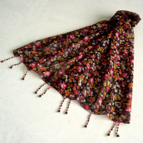 Foulard décoré de perles, écharpe légère, accessoires femme, cadeau, foulard multicolore, motif fleuri, 271