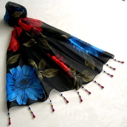 Foulard décoré de perles, écharpe légère, accessoires femme, cadeau, noir, bleu, rouge, kaki, motif fleurs, 175