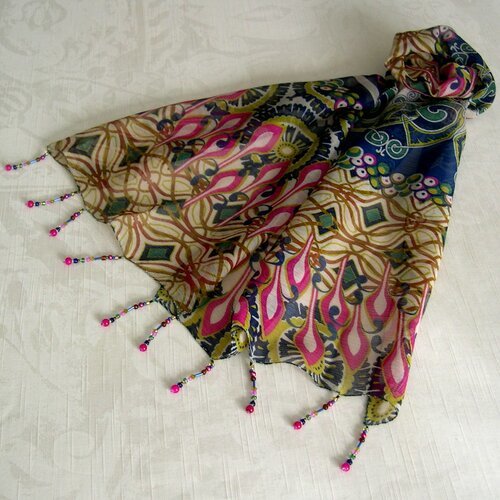 Foulard décoré de perles, écharpe légère, accessoires femme, cadeau, foulard multicolore, motif abstrait, 270