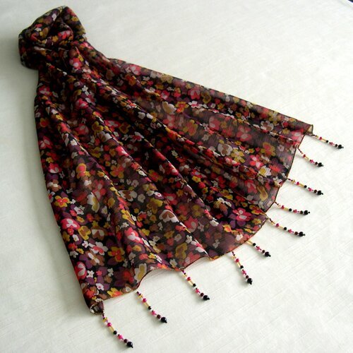 Foulard décoré de perles, écharpe légère, accessoires femme, cadeau, foulard multicolore, motif fleuri, 271